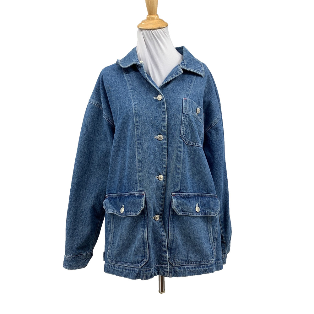 Nautica Jacket Womens M Medium Blue Denim Button Up Oversized Utility Pockets